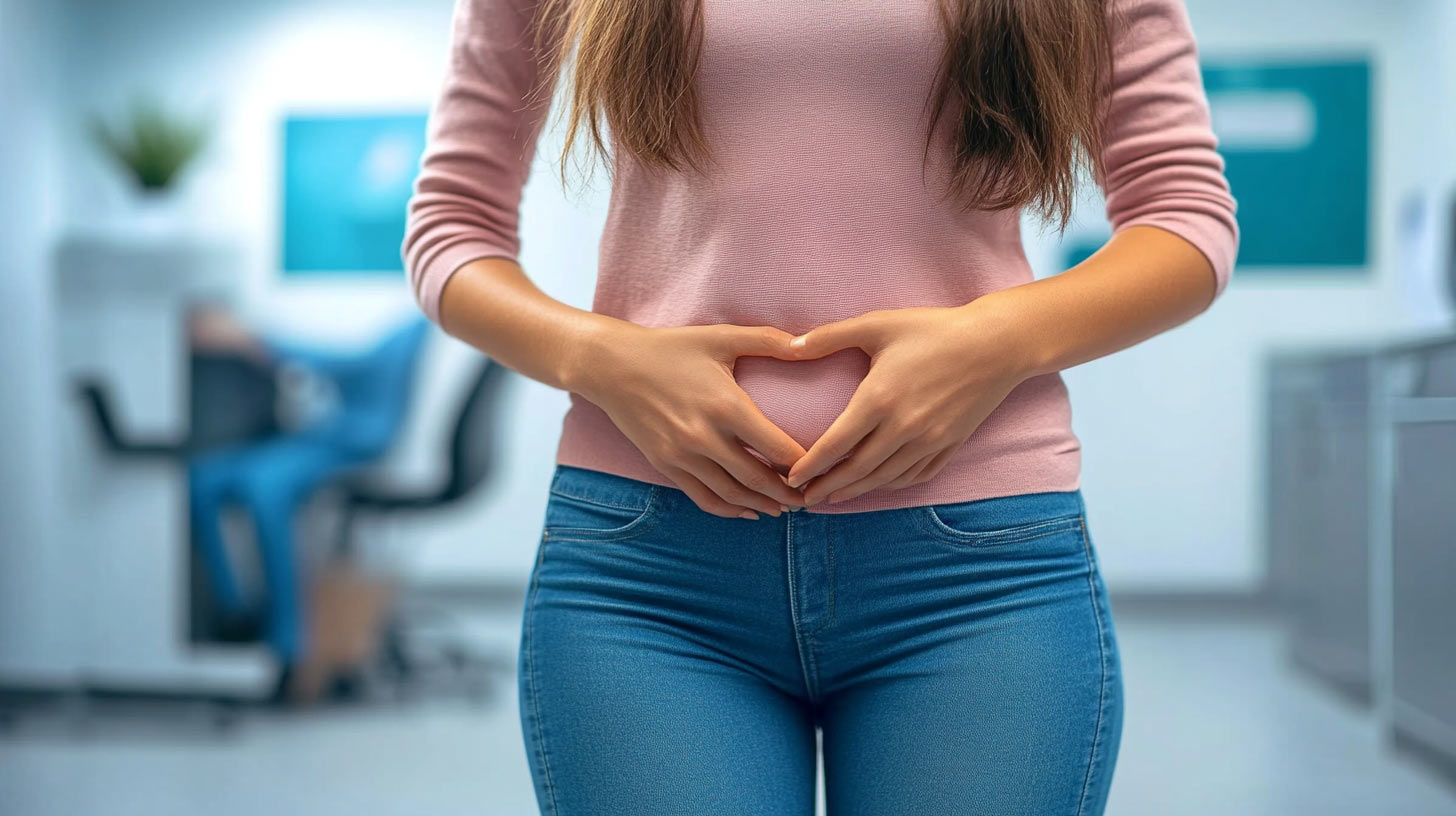Kobieta mająca problem z obniżeniem narządu rodnego trzyma się za brzuch