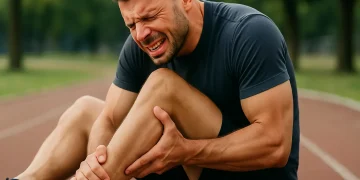 sportowiec siedzi na bieżni i trzyma się za bolące ścięgno Achillesa