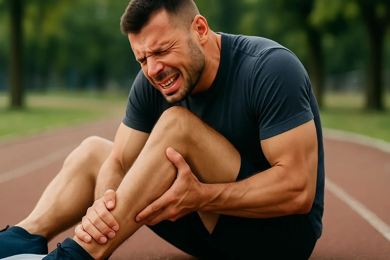 sportowiec siedzi na bieżni i trzyma się za bolące ścięgno Achillesa