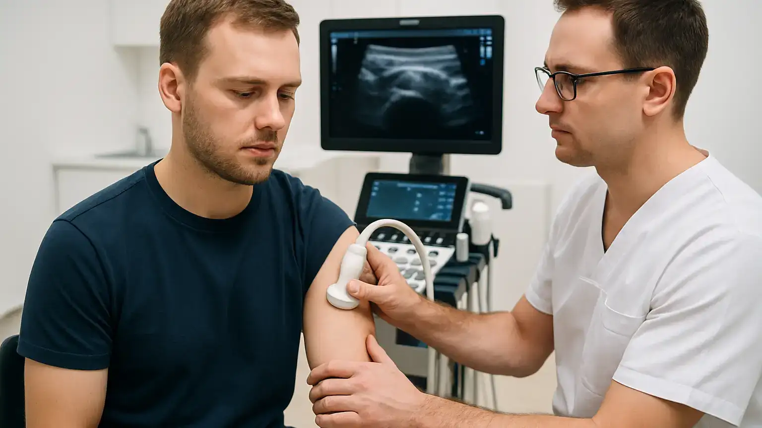 technik wykonuje badanie USG barku pacjenta w gabinecie diagnostycznym