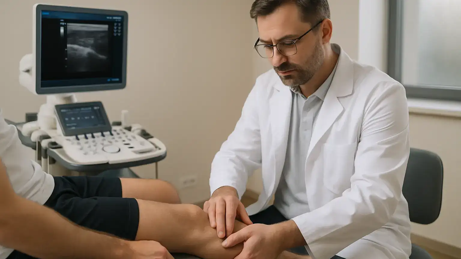 Fizjoterapeuta bada ścięgno Achillesa pacjenta w gabinecie, używając testu Thompsona i aparatu USG.