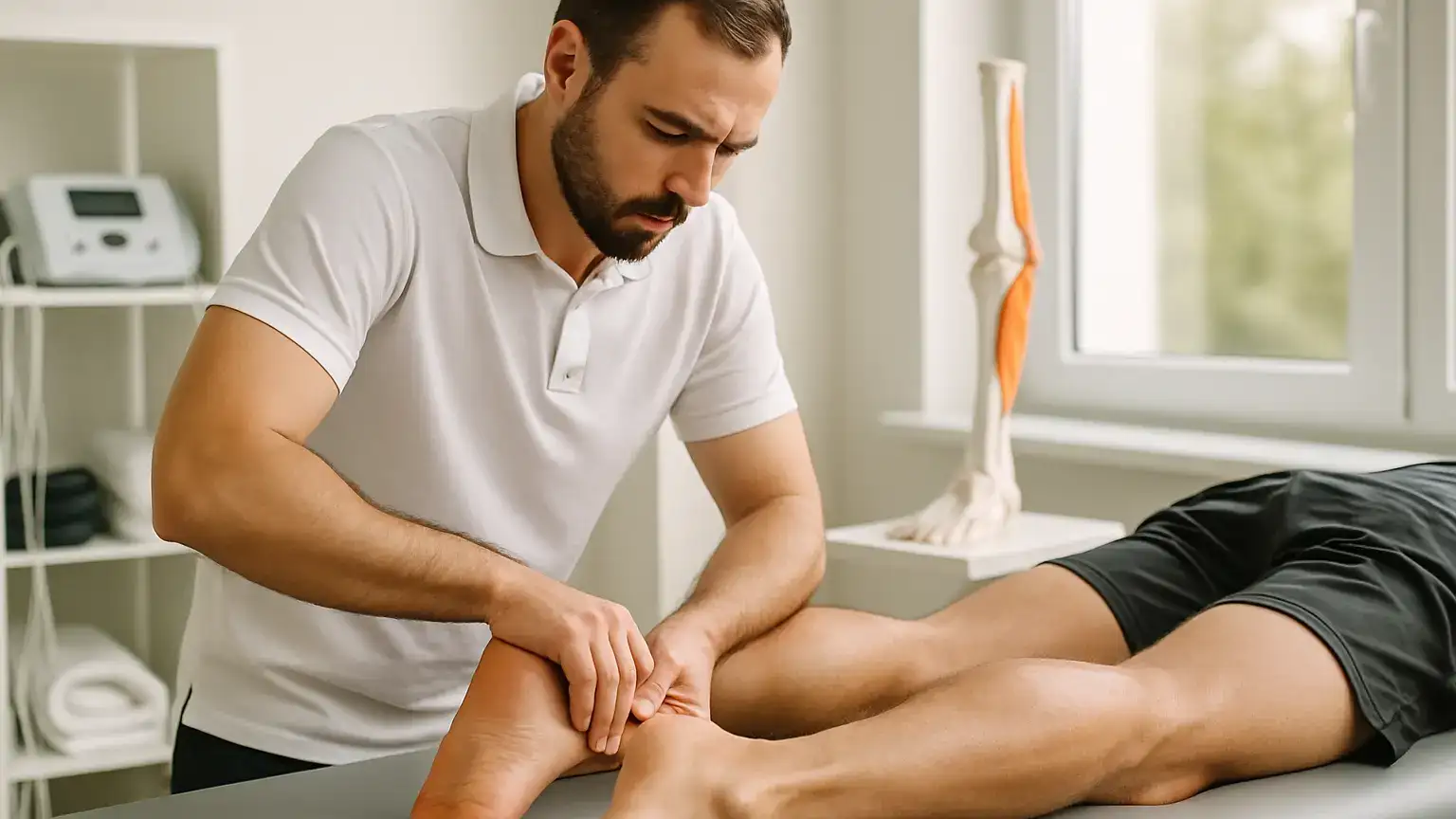 Fizjoterapeuta masuje ścięgno Achillesa sportowca podczas rehabilitacji w gabinecie.