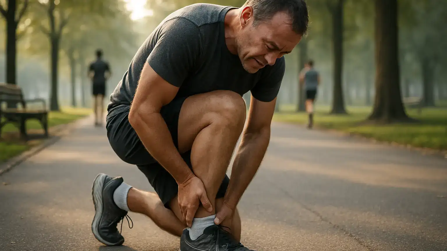 Biegacz na asfaltowej ścieżce trzymający się za bolącą łydkę w okolicy ścięgna Achillesa.