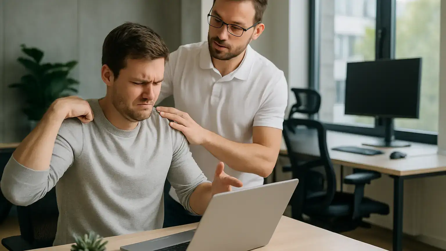 fizjoterapeuta koryguje postawę mężczyzny siedzącego przy biurku z napiętymi barkami