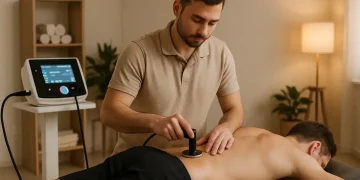 fizjoterapeuta wykonuje zabieg TECAR na plecach pacjenta w nowoczesnym gabinecie