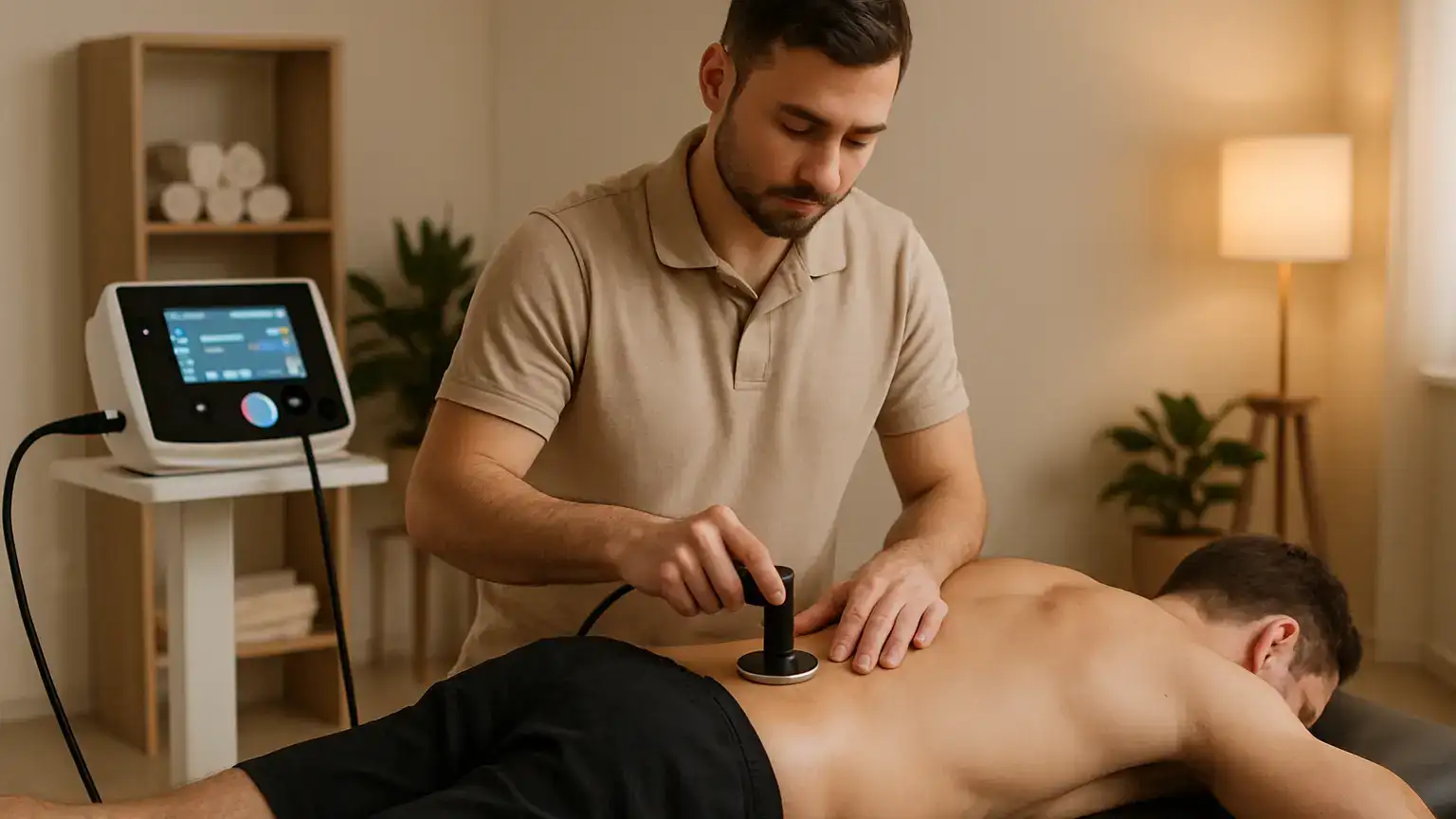 fizjoterapeuta wykonuje zabieg TECAR na plecach pacjenta w nowoczesnym gabinecie