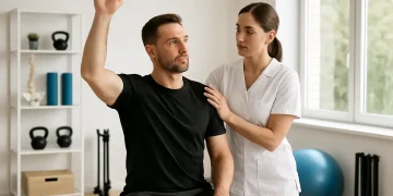 fizjoterapeutka pomaga mężczyźnie wykonać ćwiczenie barku w gabinecie rehabilitacyjnym