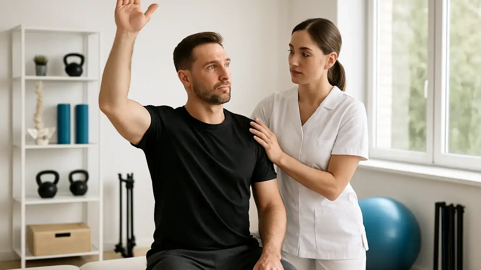 fizjoterapeutka pomaga mężczyźnie wykonać ćwiczenie barku w gabinecie rehabilitacyjnym