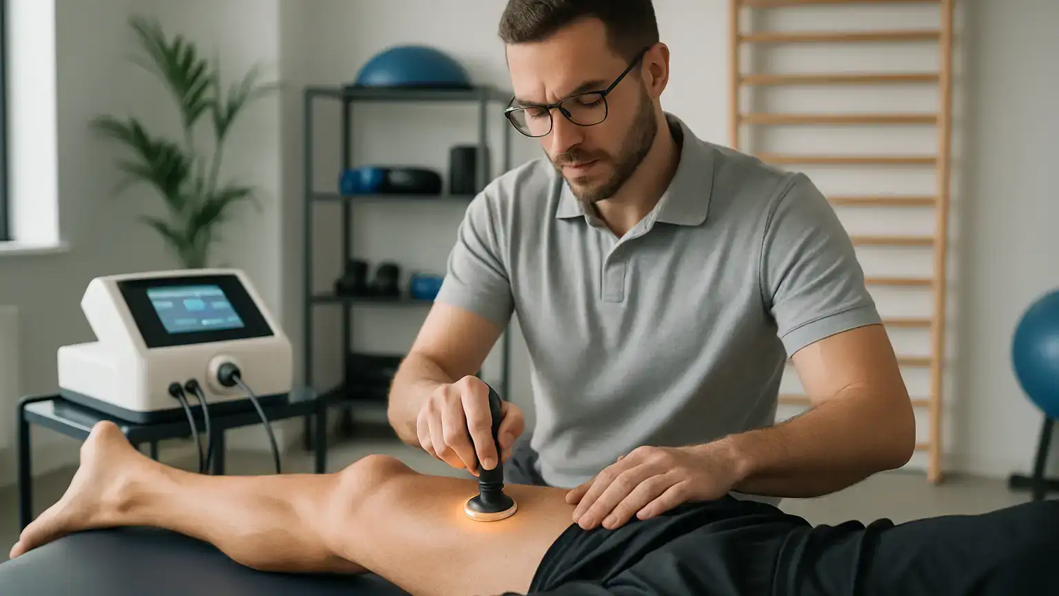 fizjoterapeuta przeprowadza zabieg terapii TECAR na nodze sportowca w gabinecie rehabilitacyjnym