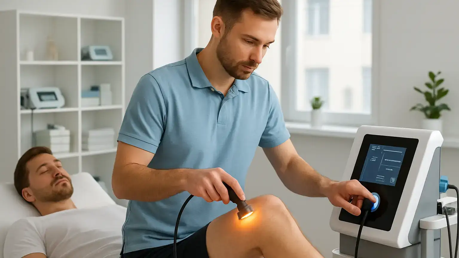 Fizjoterapeuta wykonuje zabieg TECAR na kolanie pacjenta w nowoczesnym gabinecie, obserwując jego reakcję.