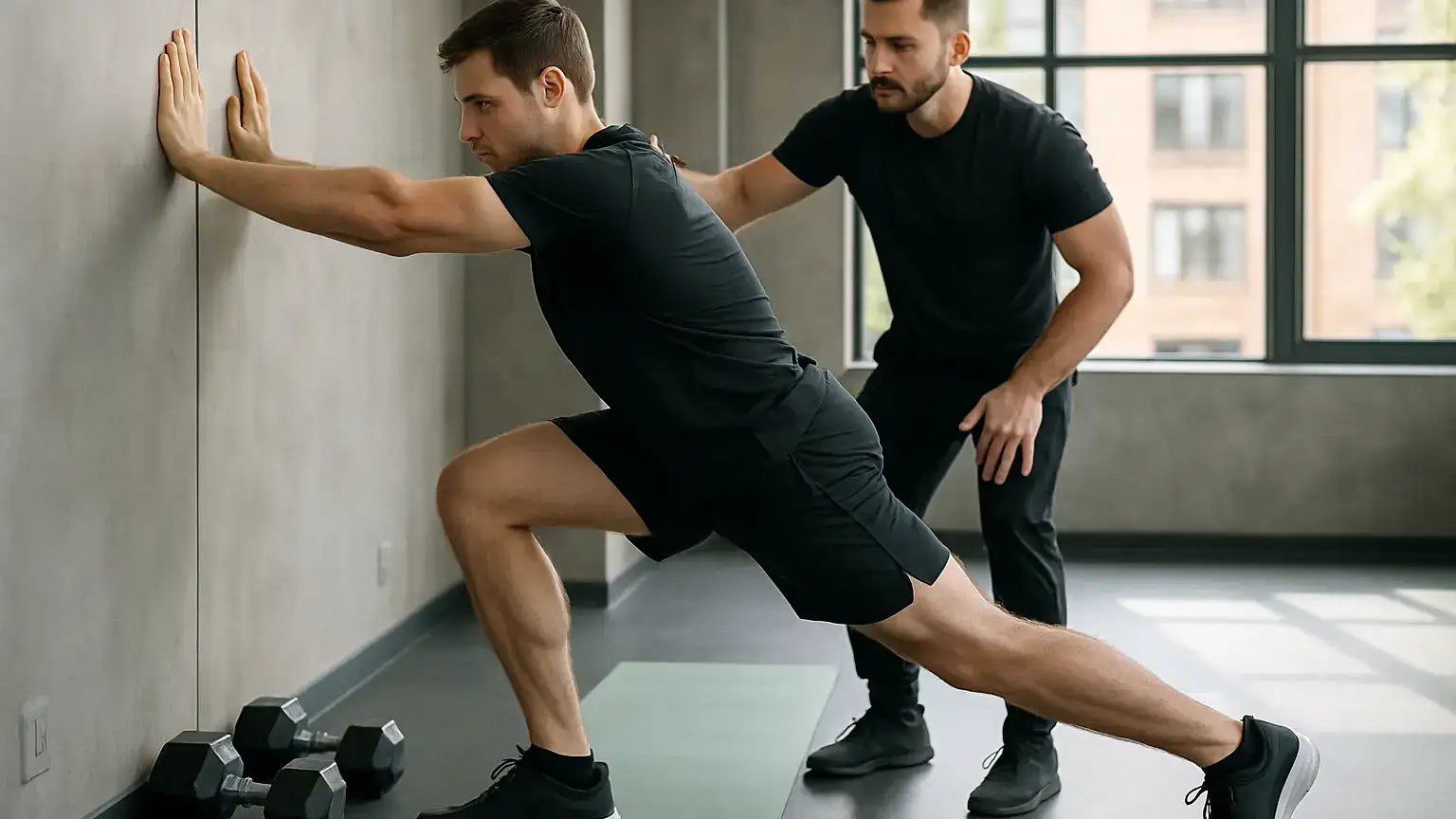 mężczyzna rozciągający łydki pod okiem trenera w sali treningowej