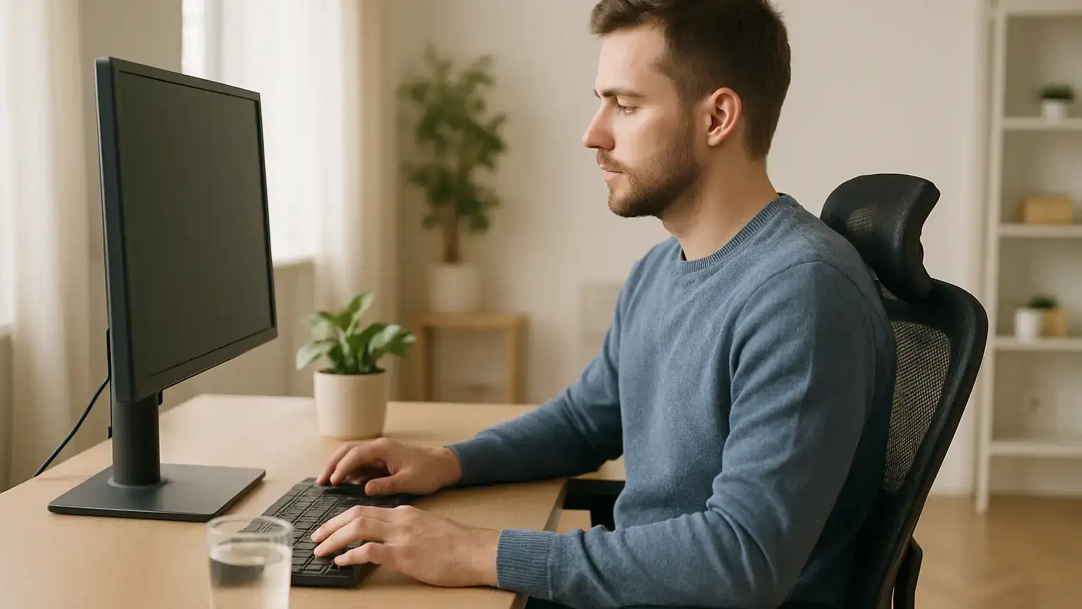 osoba siedząca przy biurku w prawidłowej pozycji ergonomicznej podczas pracy przy komputerze